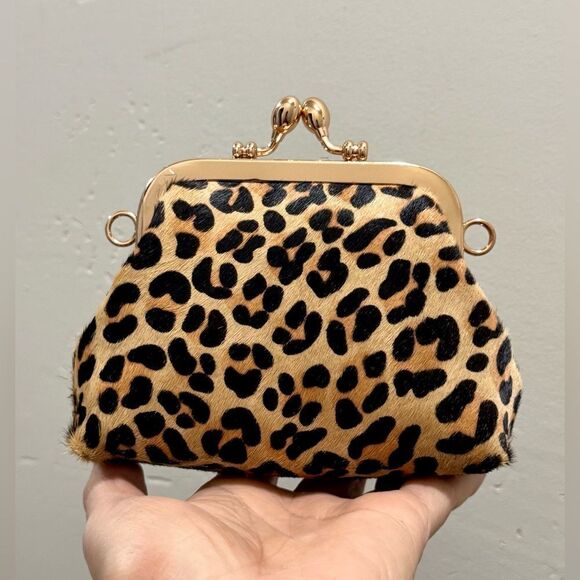 Leopard Print Genuine Hair-on-horsehide Kisslock Clutch/Coin Pouch/Crossbody - Picture 1 of 15